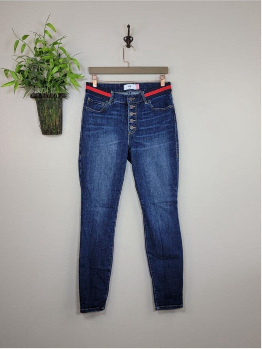 CAbi #3751 Exposed Button Fly Skinny Jeans Dark Blue Red Ribbon Belt Stretch 6